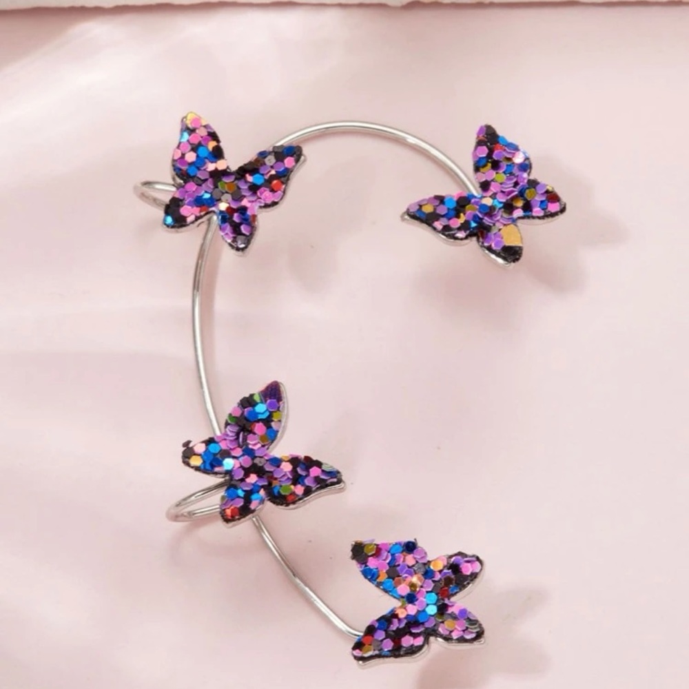 🦋 Awesome Pierce-less Right Ear Colorful Glitter Butterflies Ear Cuff Jacket - Picture 3 of 4
